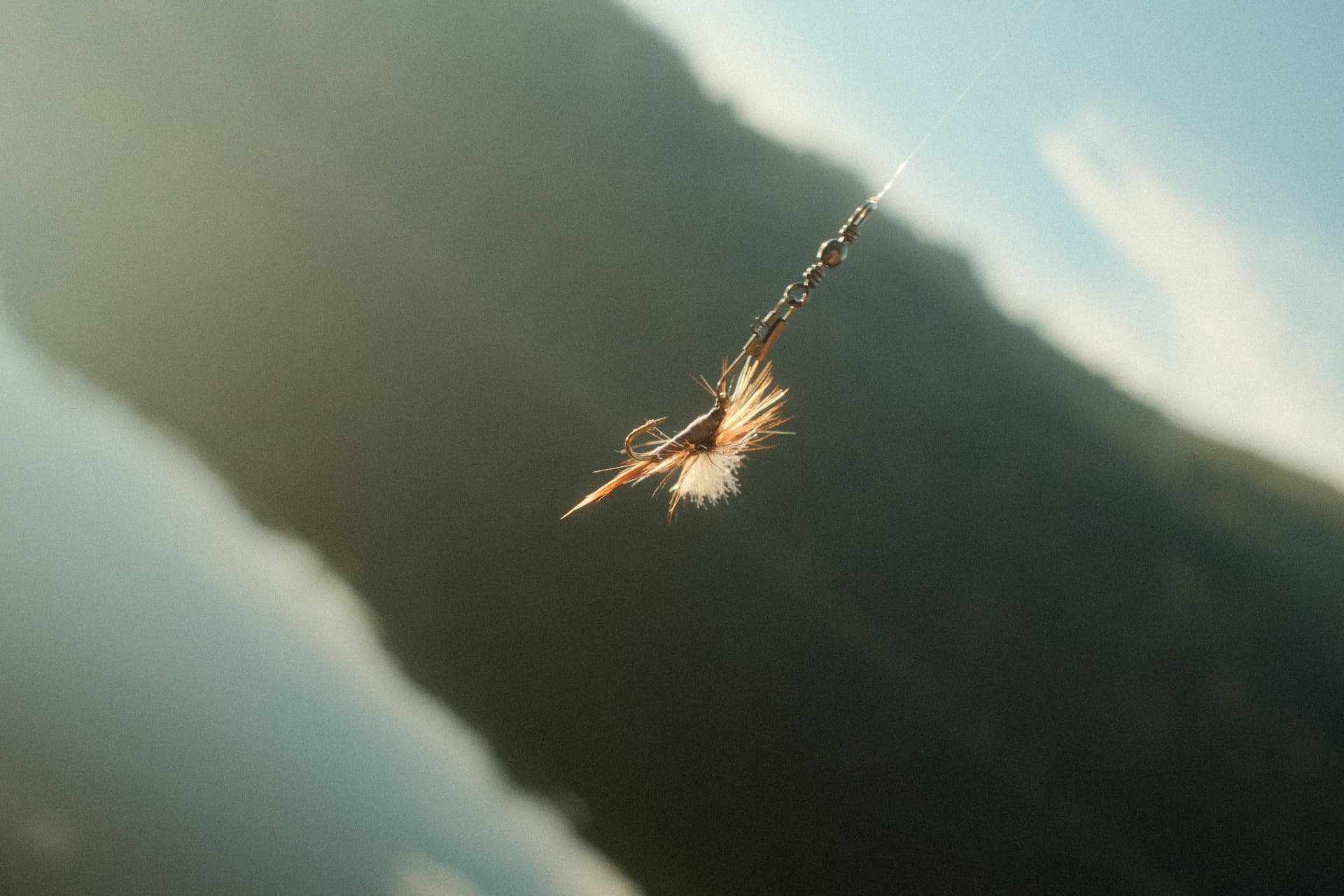 A dry fly on a line against a shadowed ridgeline